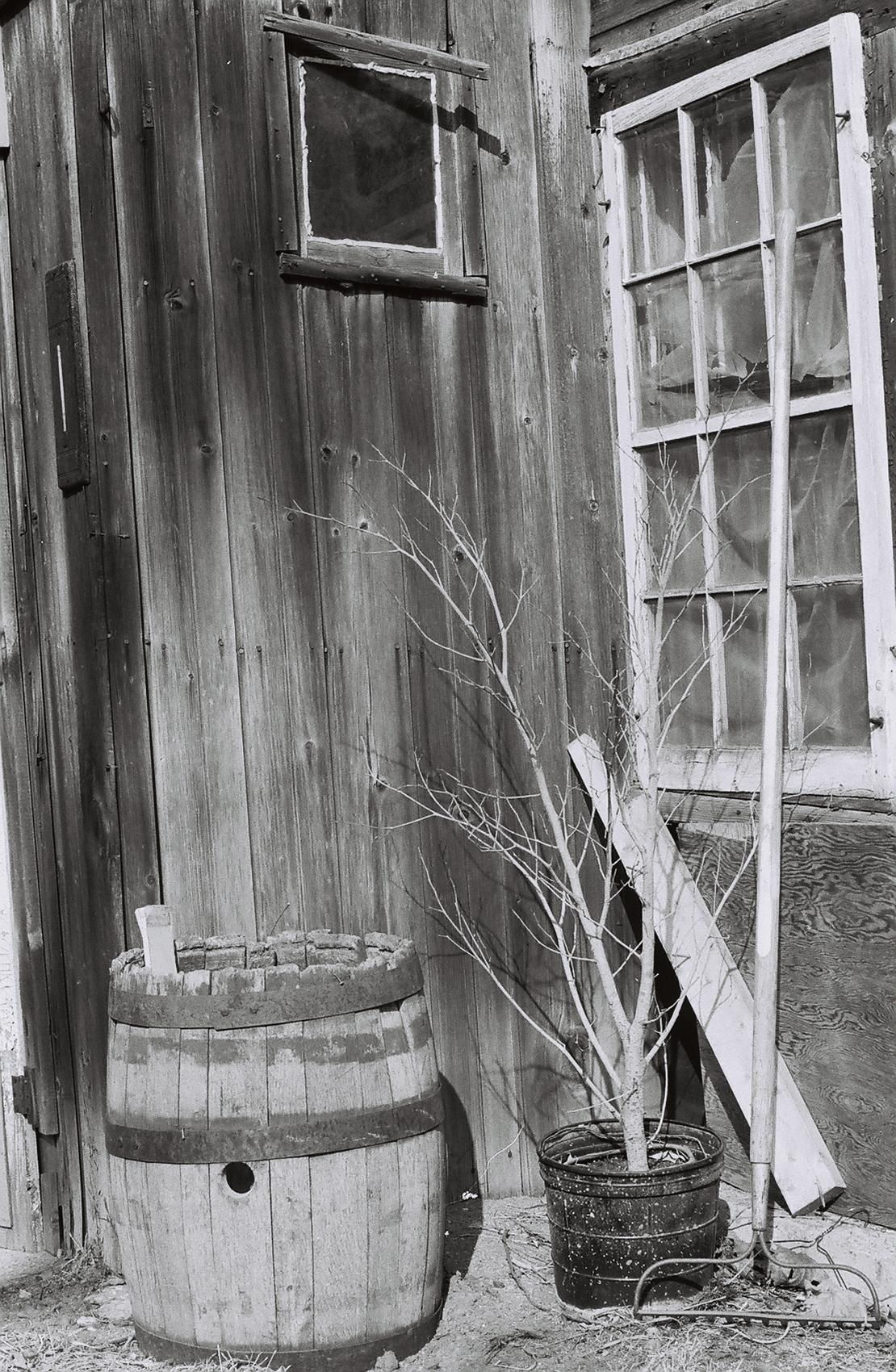 A black and white photo of a wooden building with a barrel in front of it.