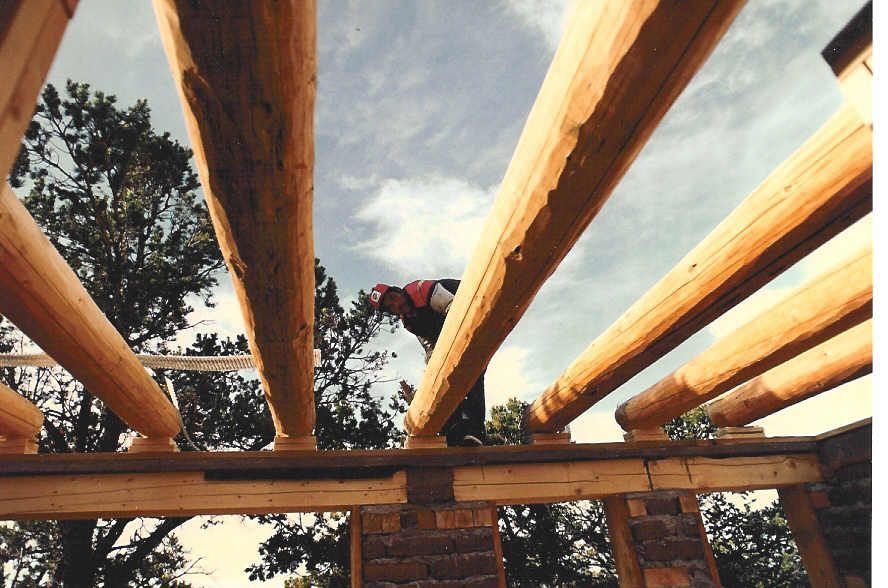 A man is working on a wooden structure with trees in the background