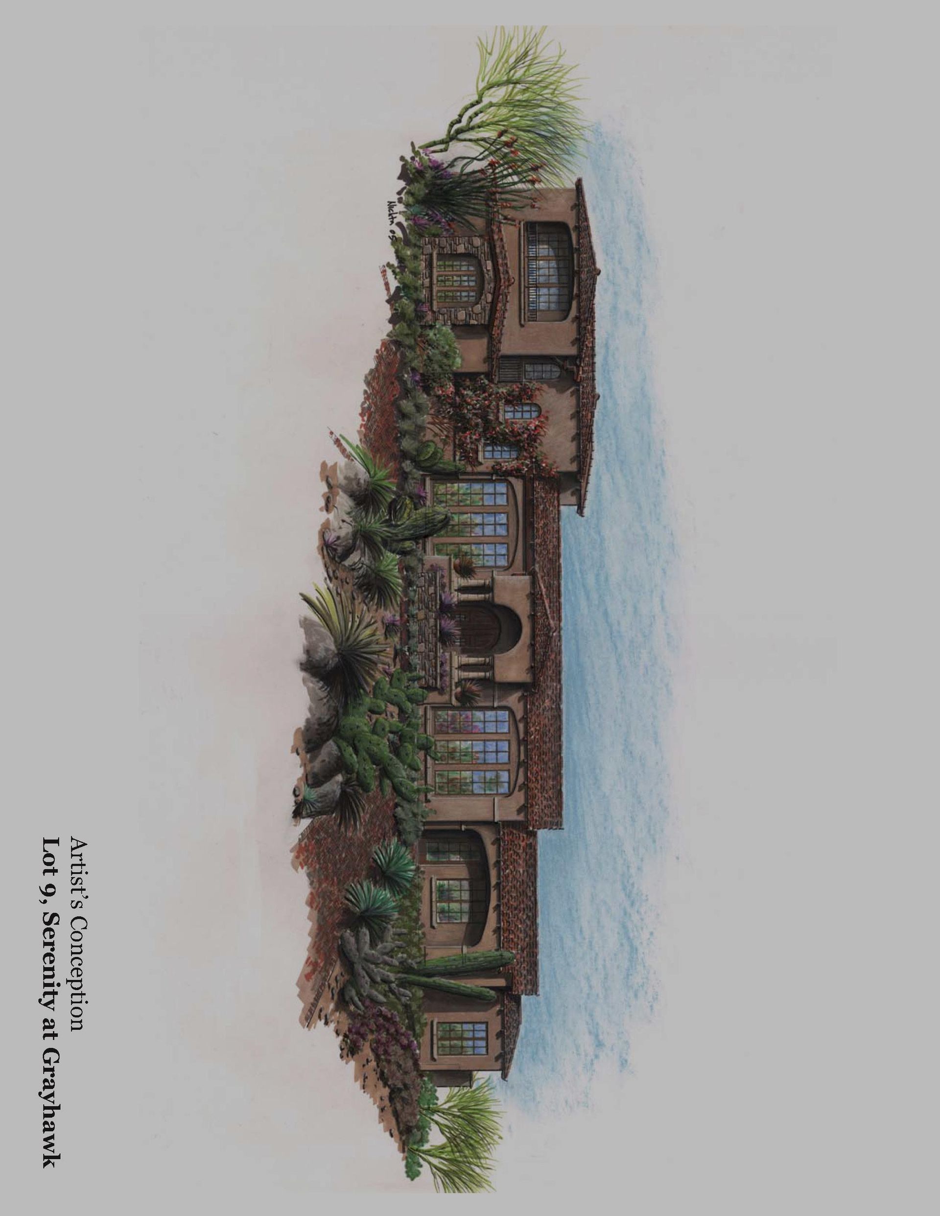 A painting of a house on a body of water