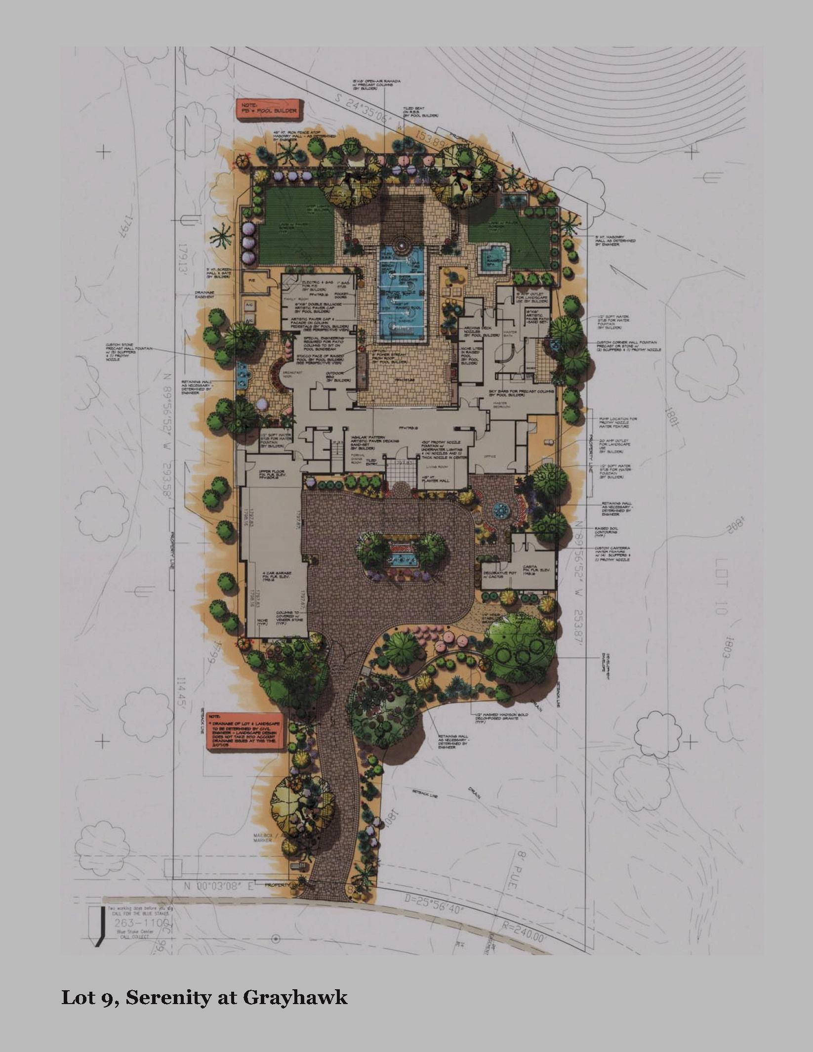 A drawing of a house with a pool and trees