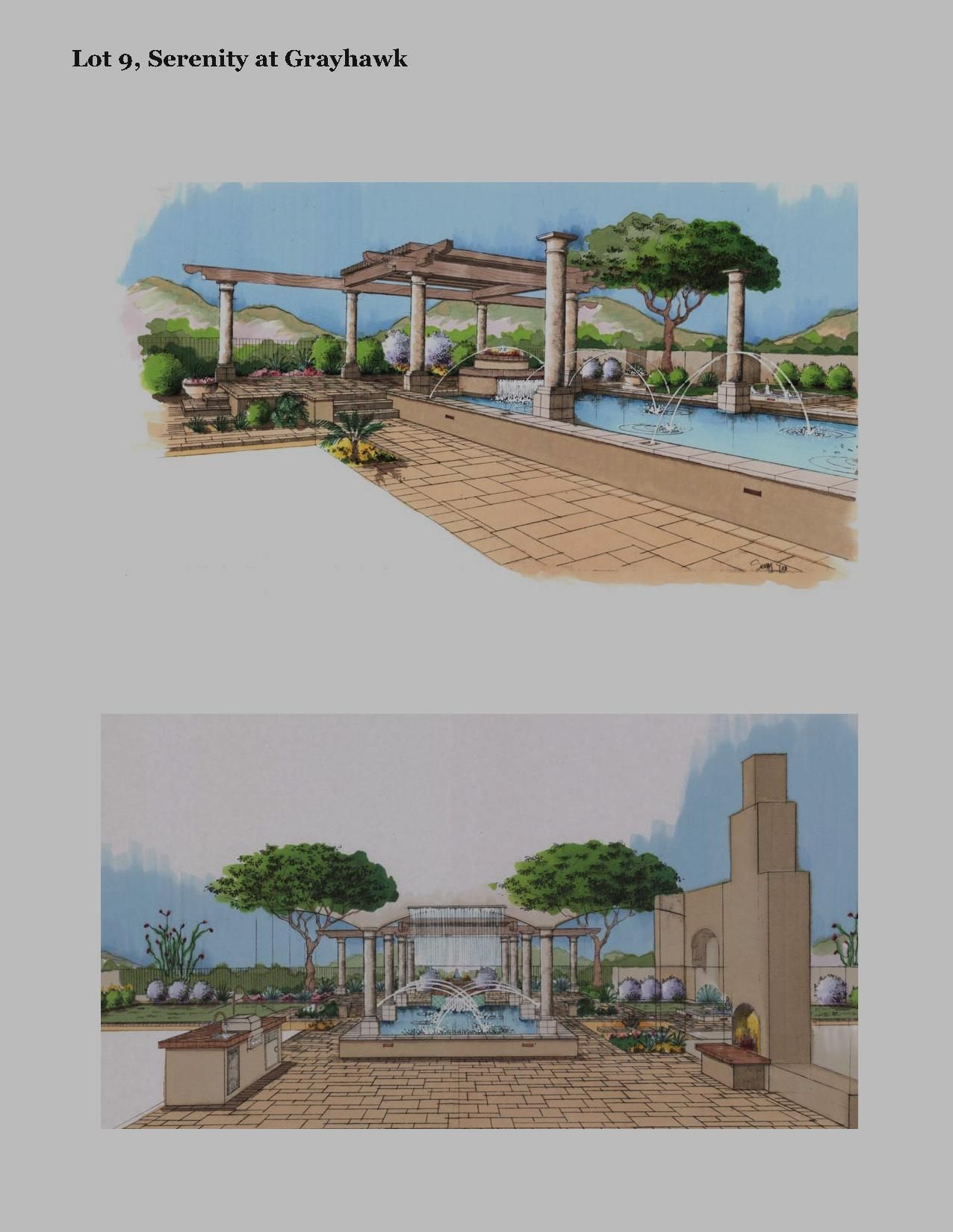 A drawing of a pool with a pergola and trees