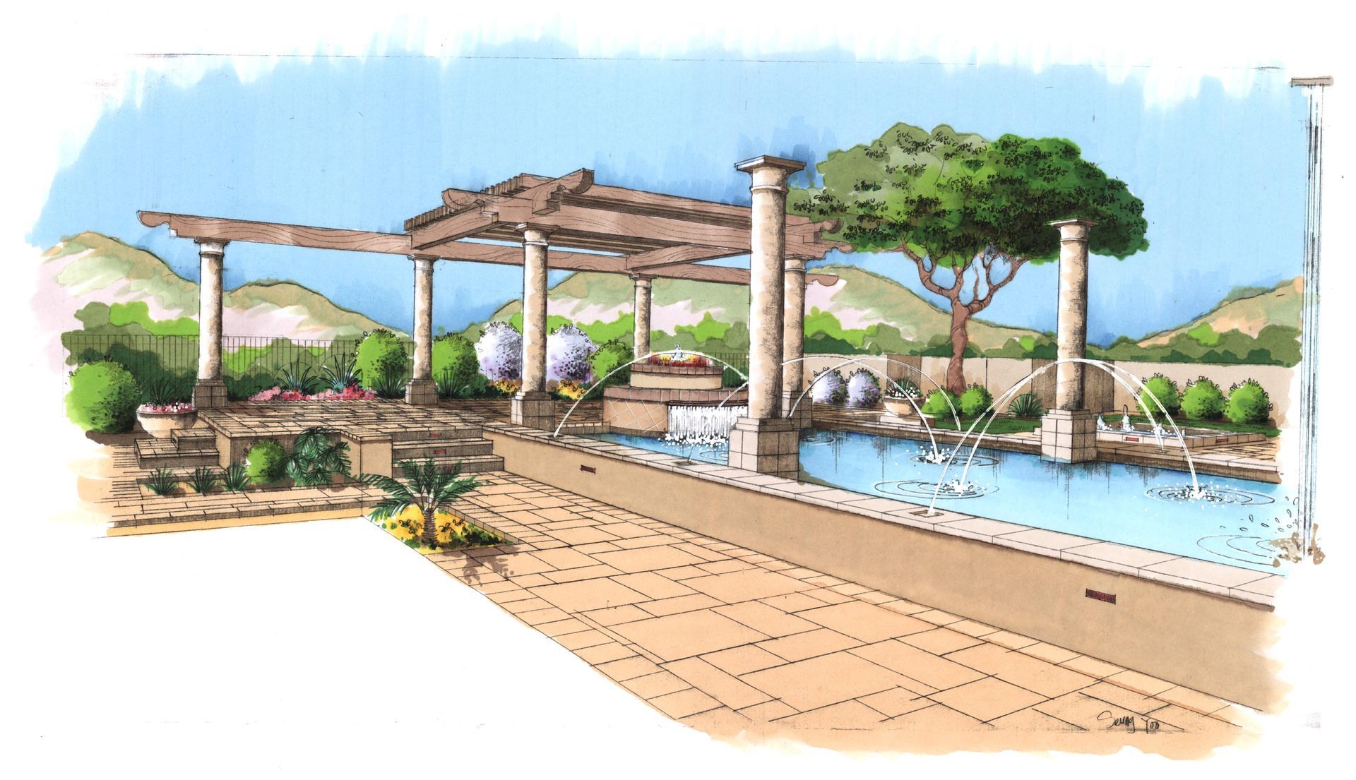 A drawing of a swimming pool with a pergola and columns