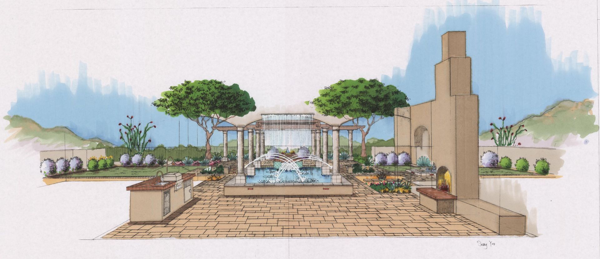 A drawing of a fountain with trees in the background