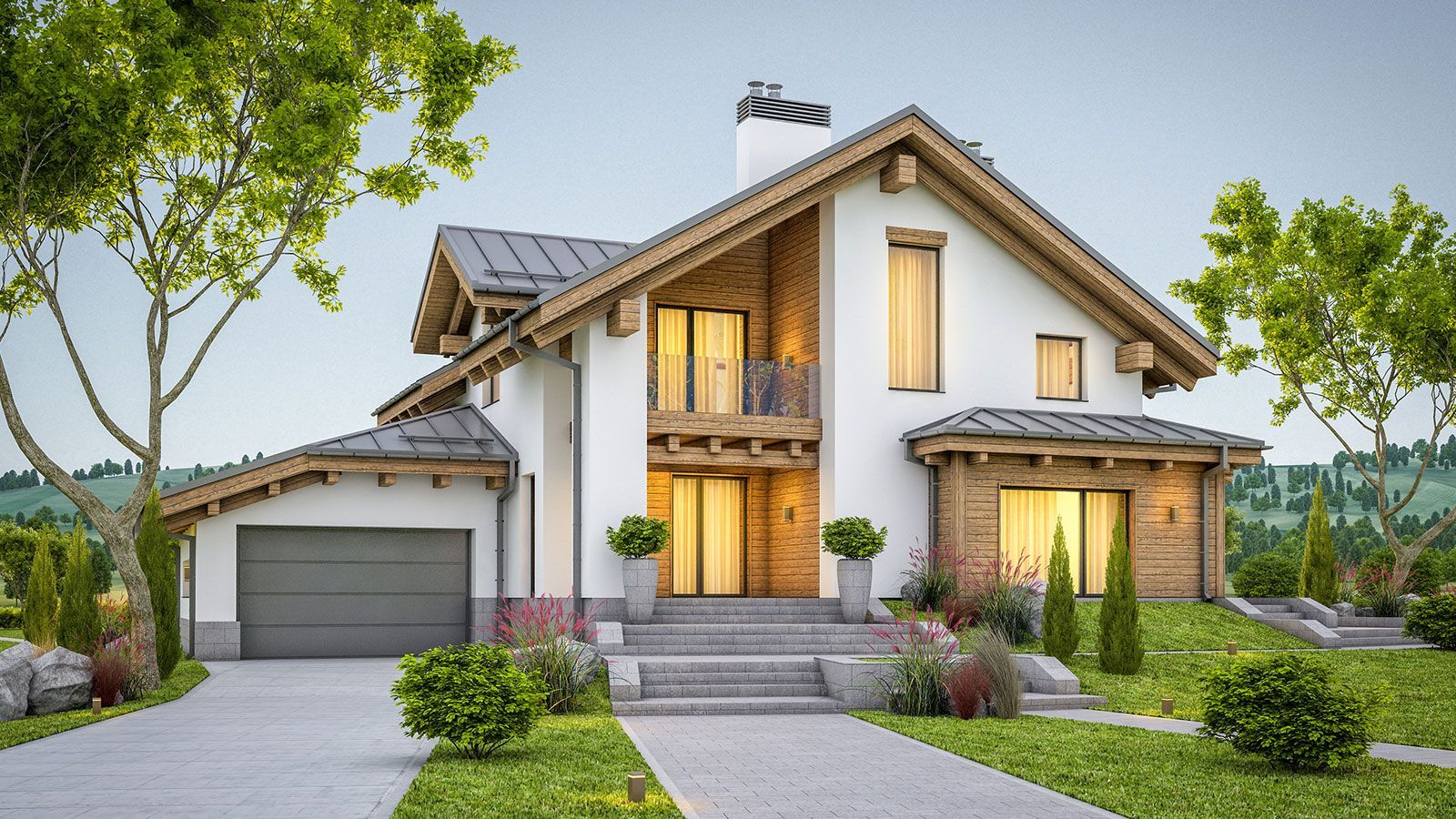 A large white house with a wooden roof and a garage is sitting on top of a lush green hillside.