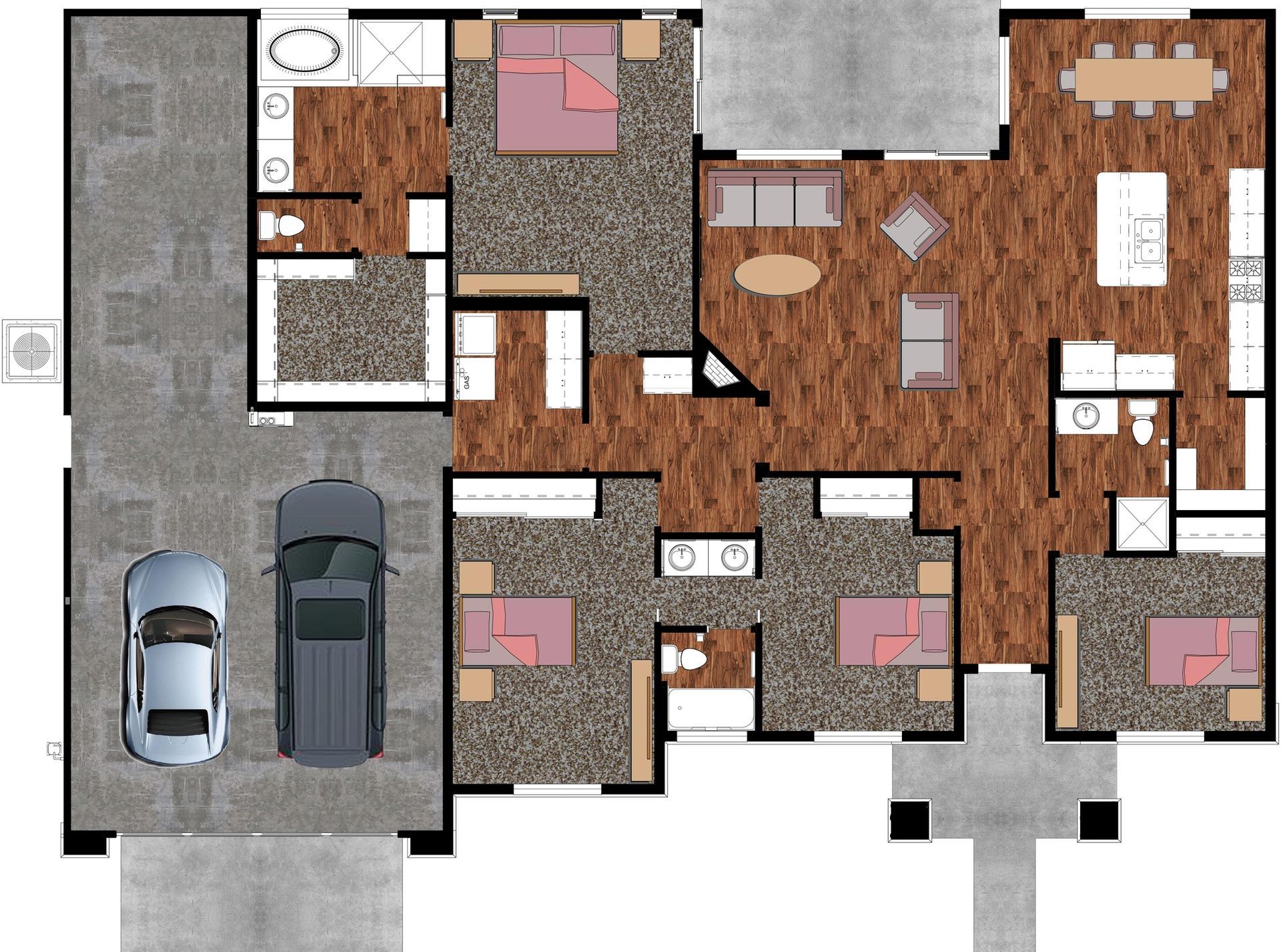 Floor plan of a house with two cars in the garage, bedrooms, and living spaces.