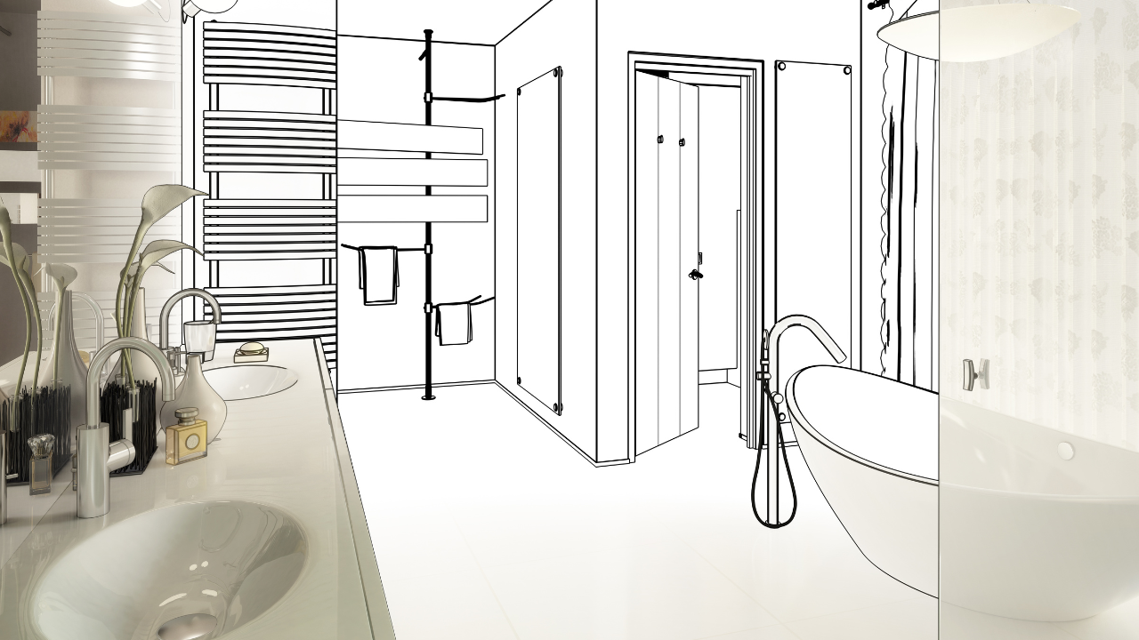 Bathroom with a sink and decor, a sketch of a shower, and a bathtub; all in various stages of completion.