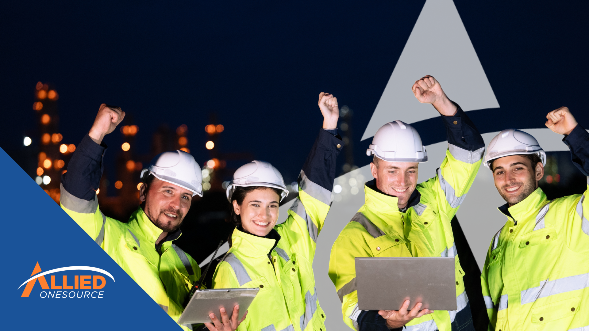 Industrial team celebrating successful Q1 hiring strategies implementation at nighttime worksite