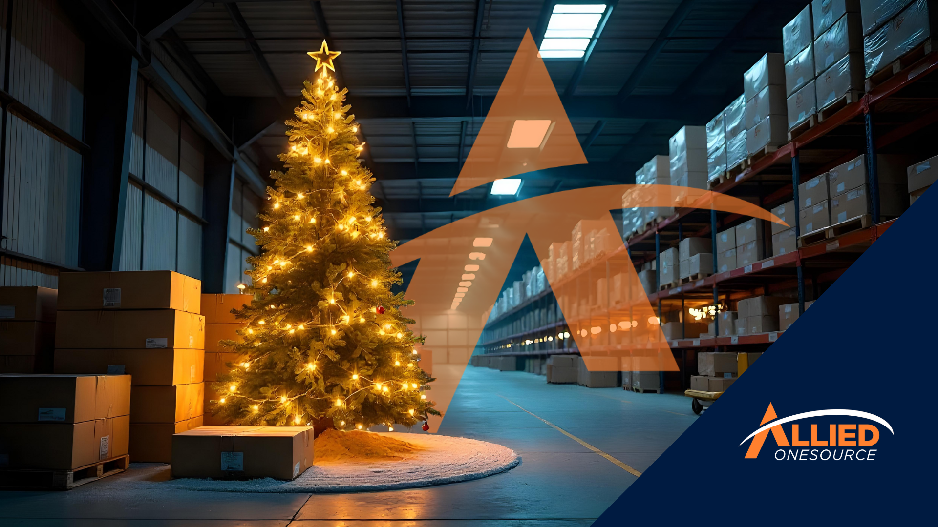 Warehouse with Christmas tree and stacked inventory illustrating holiday gap staffing challenges