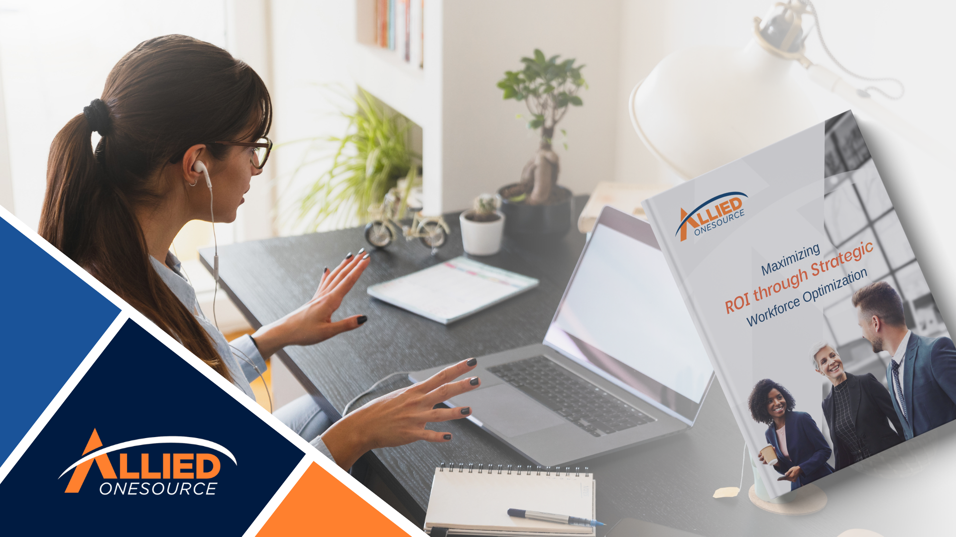 Business professional on video call with Allied OneSource workforce optimization whitepaper displaye