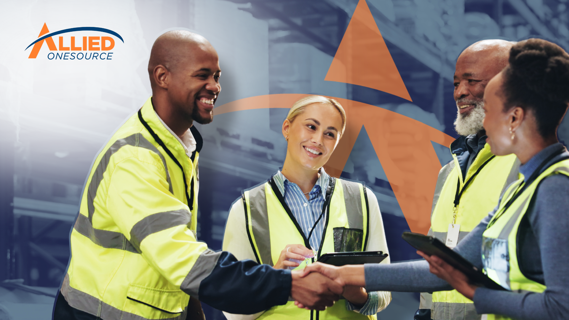 Warehouse workers in safety vests shaking hands on a job site, showing warehouse talent retention.