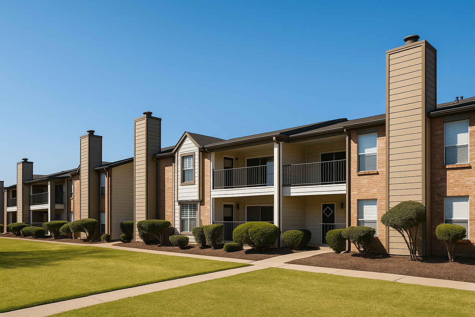 A row of apartment buildings with balconies and chimneys on a sunny day.