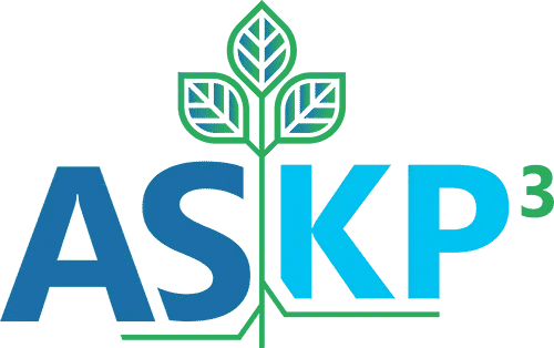 a logo for askp3 with a plant in the middle