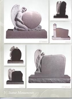 Collection of granite statue monuments with angel figures and heart-shaped or rectangular tombstones.