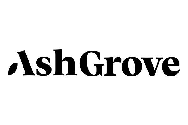 A black and white logo for ash grove on a white background.