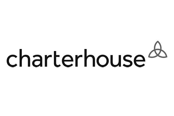 The logo for charterhouse is black and white and has a celtic symbol on it.