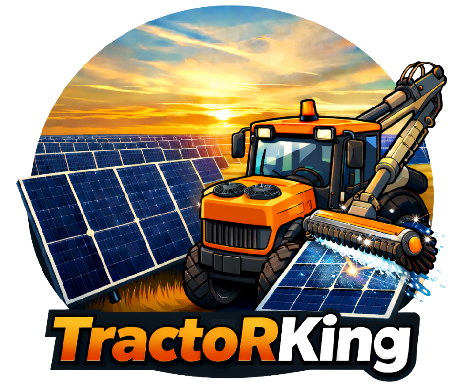 Orange tractor cleaning solar panels, sunset backdrop;