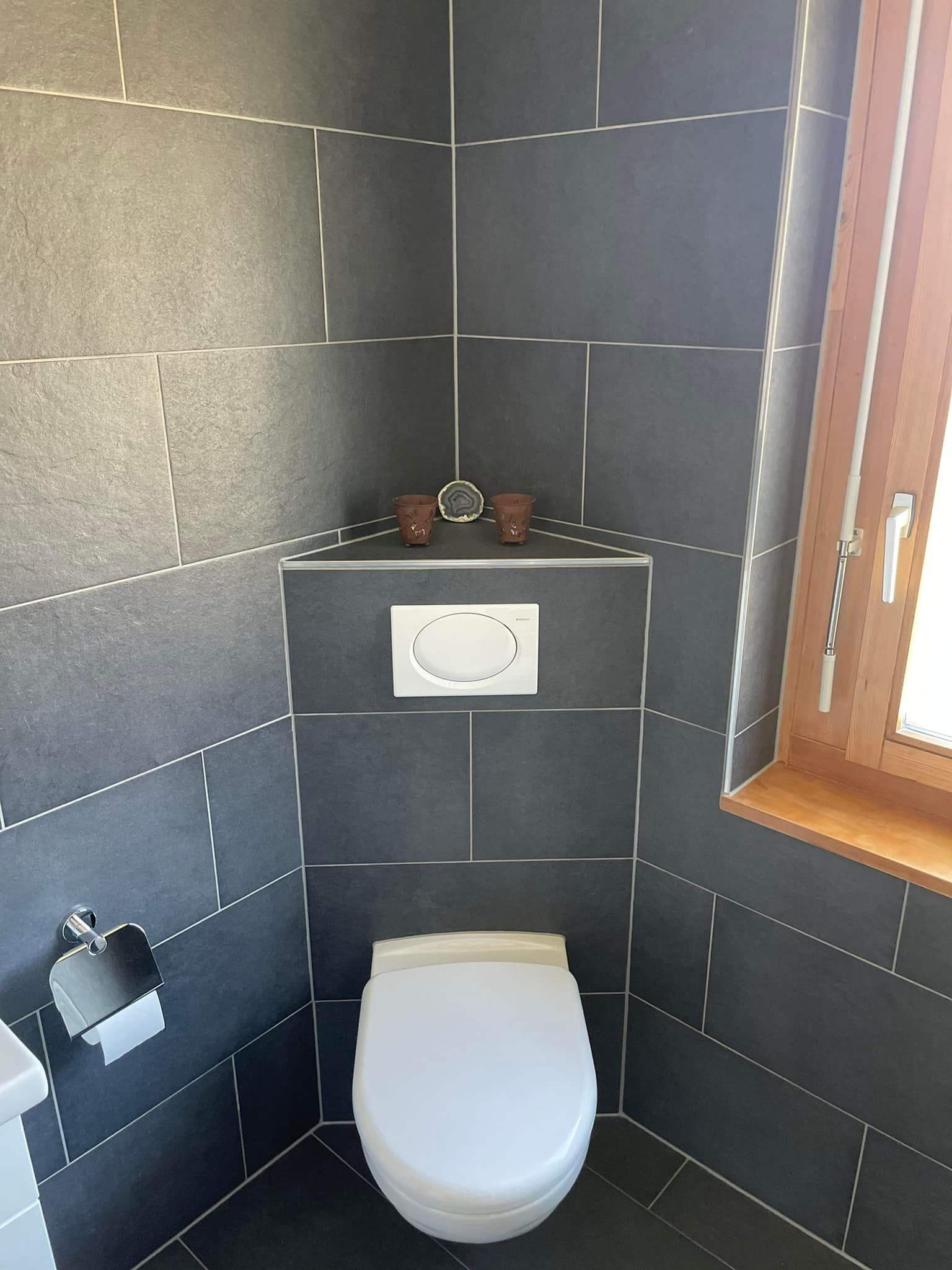 Weiße Toilette, schwarze Wandverkleidung