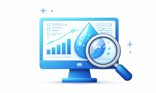Water system evaluation icon showing data analysis and magnifying glass