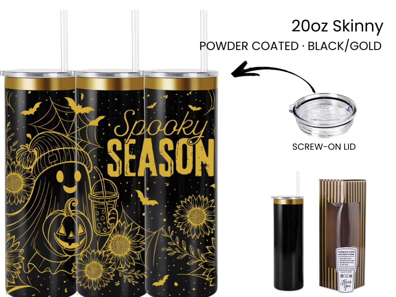 Three black and gold Halloween-themed skinny tumblers with straws and a screw-on lid.