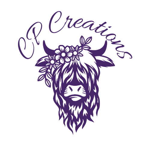 The logo for cp creations shows a cow with flowers on its head.