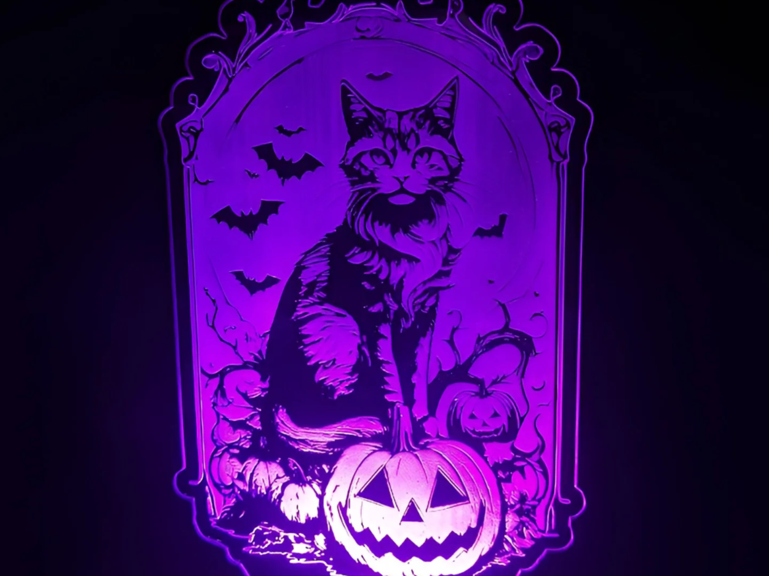 Purple-lit Halloween cat and pumpkin scene with bats and decorative frame.
