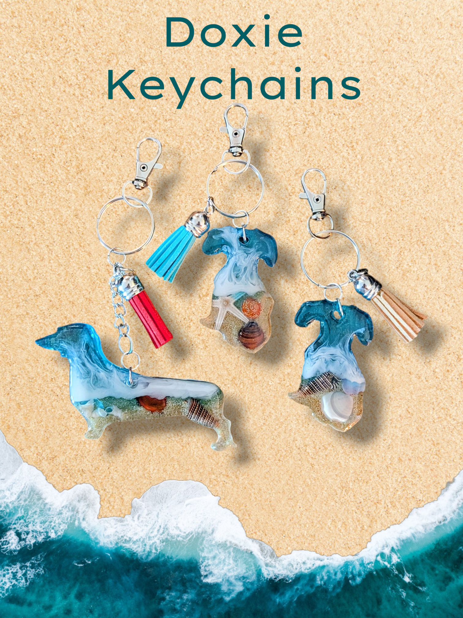 Custom dachshund beach keychains with shells and tassels