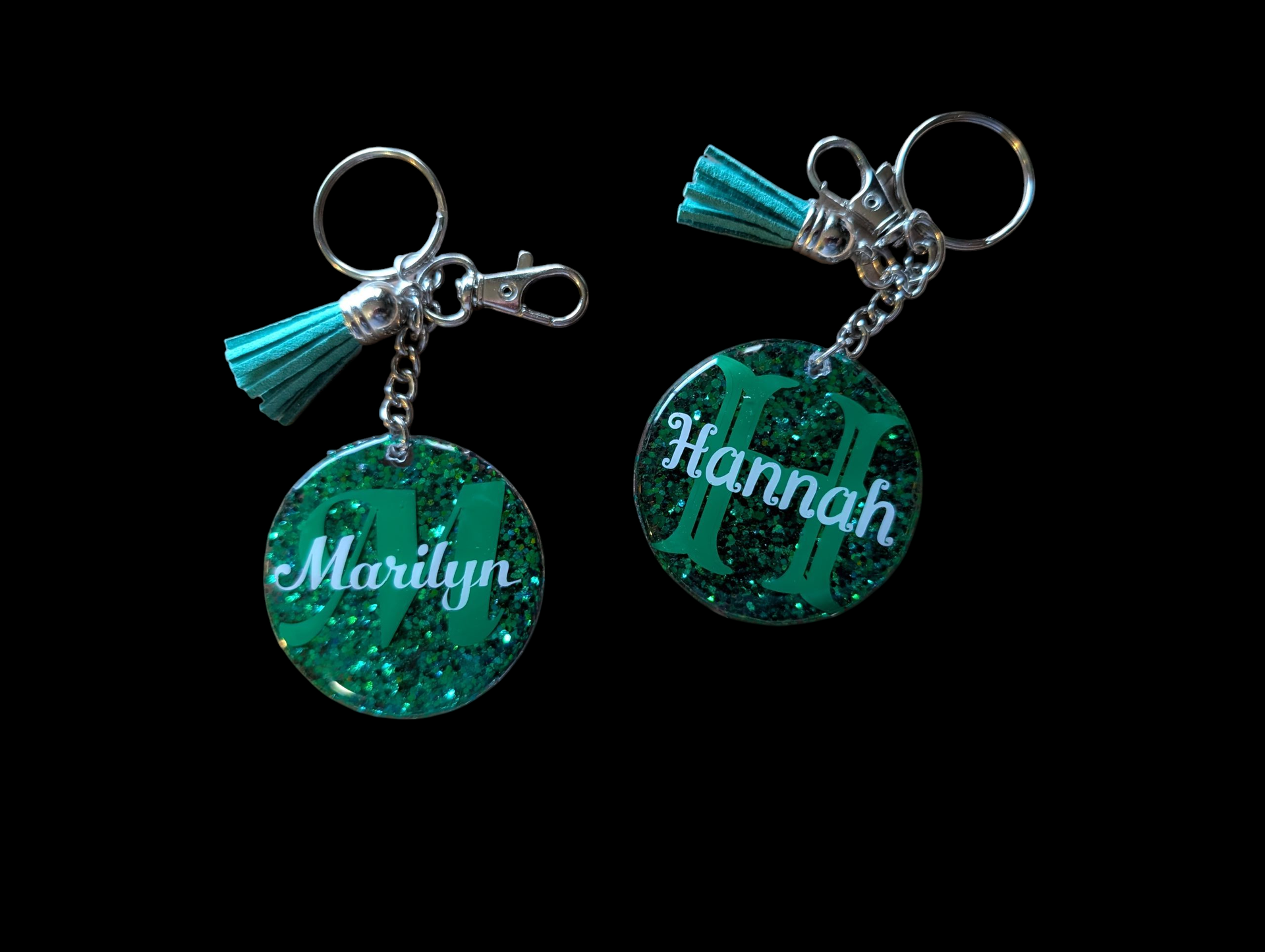 Green glitter custom initial keychains with tassels