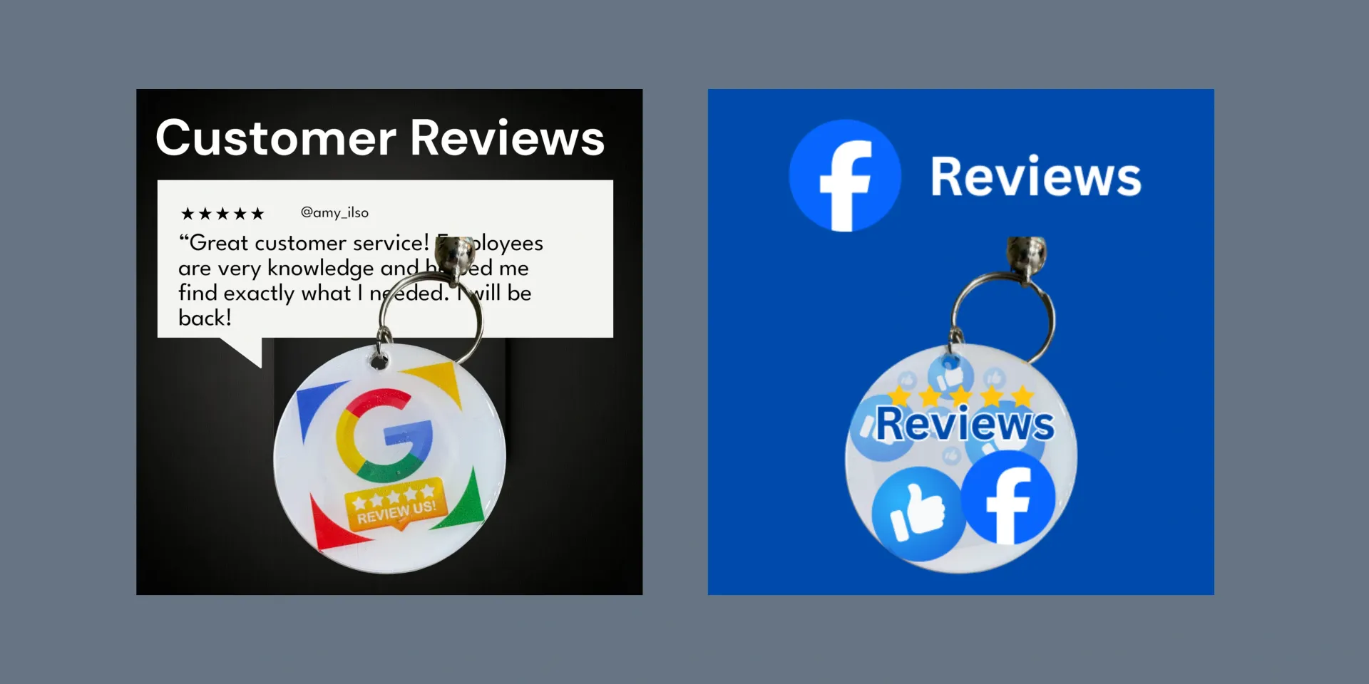 Google and Facebook Review Keychains in boxes