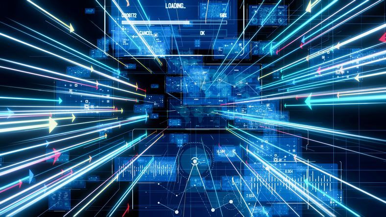Blue data streams flow through a futuristic digital interface with loading progress bar.
