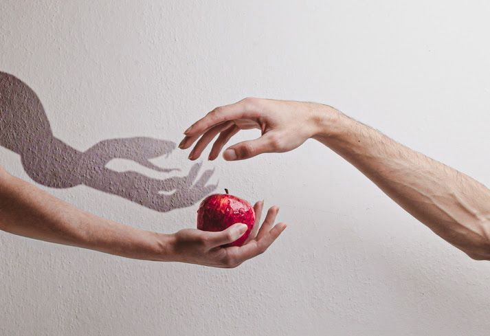 Hands reaching for a red apple. One hand offers it, casting a shadow. White wall background.