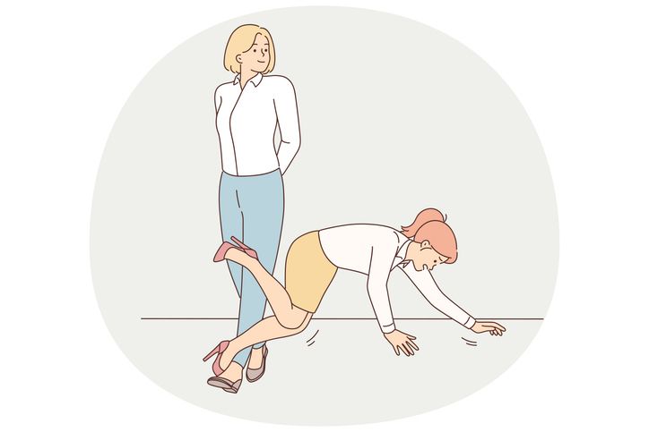 A drawing of a woman tripping another woman.