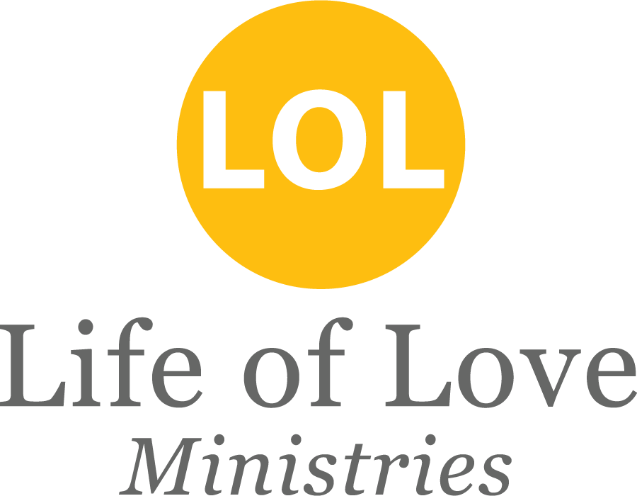 The logo for Life of Love Ministries is yellow, white, and gray.