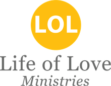 The logo for Life of Love Ministries is yellow, white, and gray.