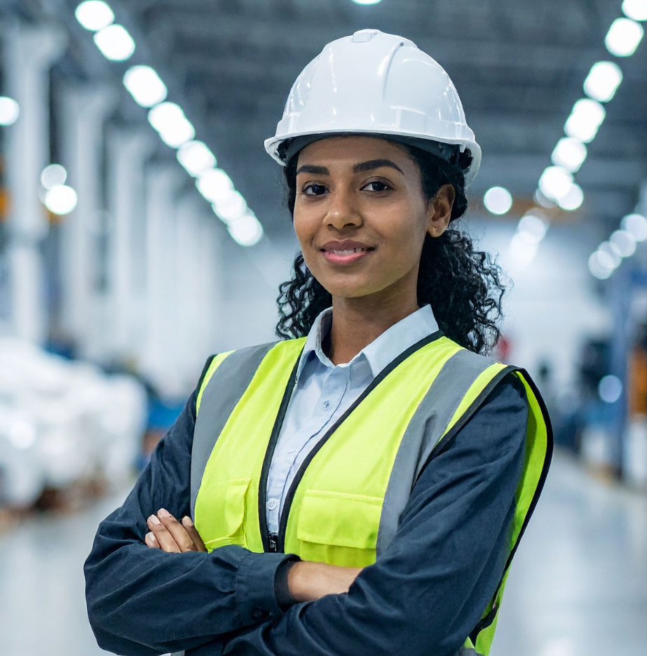Three people in a factory. One in a white hard hat, dress shirt, and tie, arms crossed, smiling. Two in hard hats and workwear.