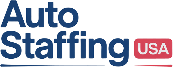 Logo for Auto Staffing USA: a stylized car inside a gear, with the text 