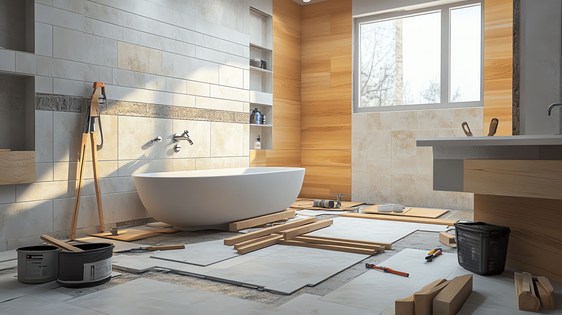 Une salle de bain en construction avec baignoire et lavabo.