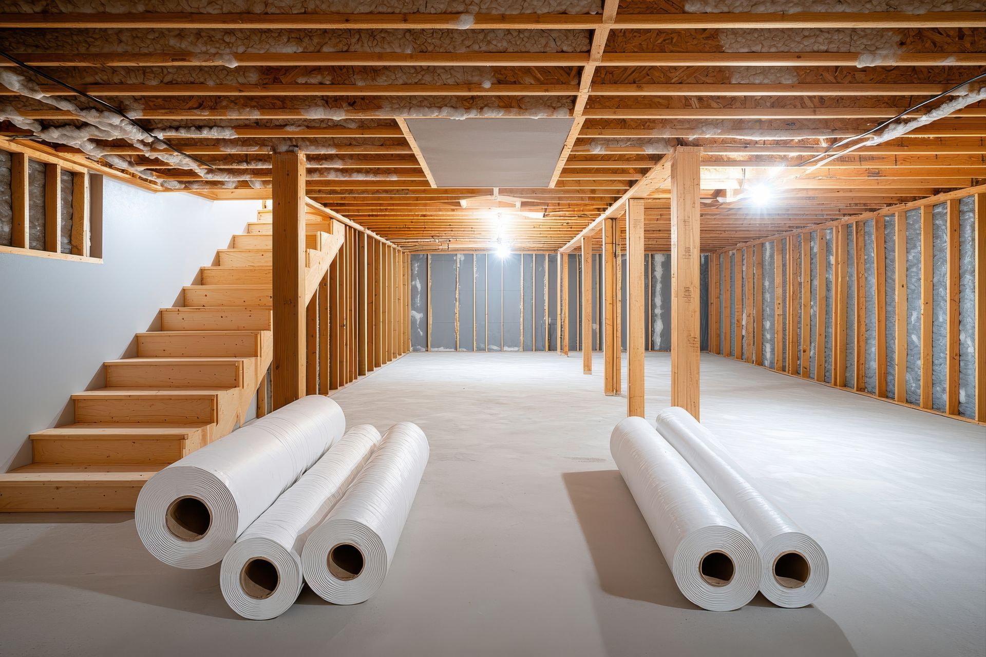 Un sous-sol en construction avec des rouleaux d'isolant et des escaliers.