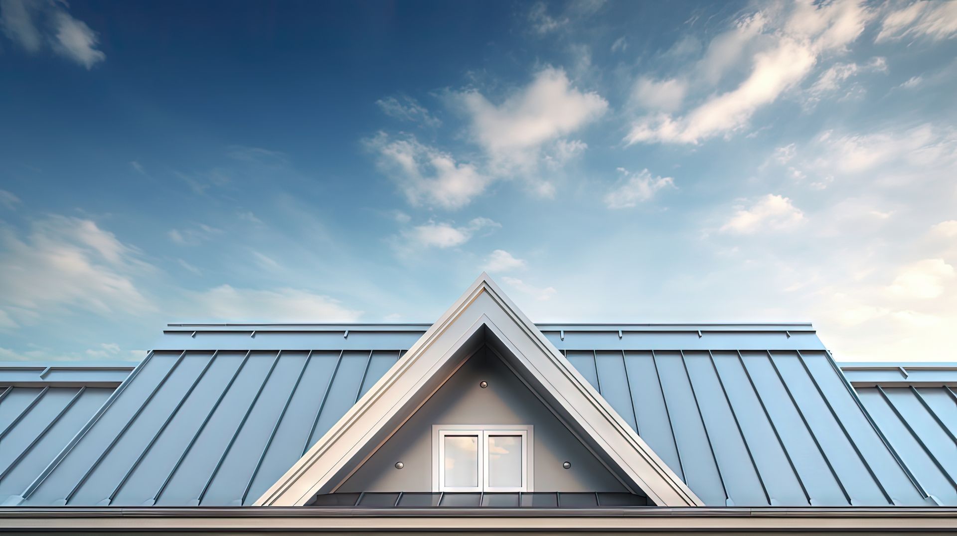 Une maison avec un toit en métal et un ciel bleu en arrière-plan.