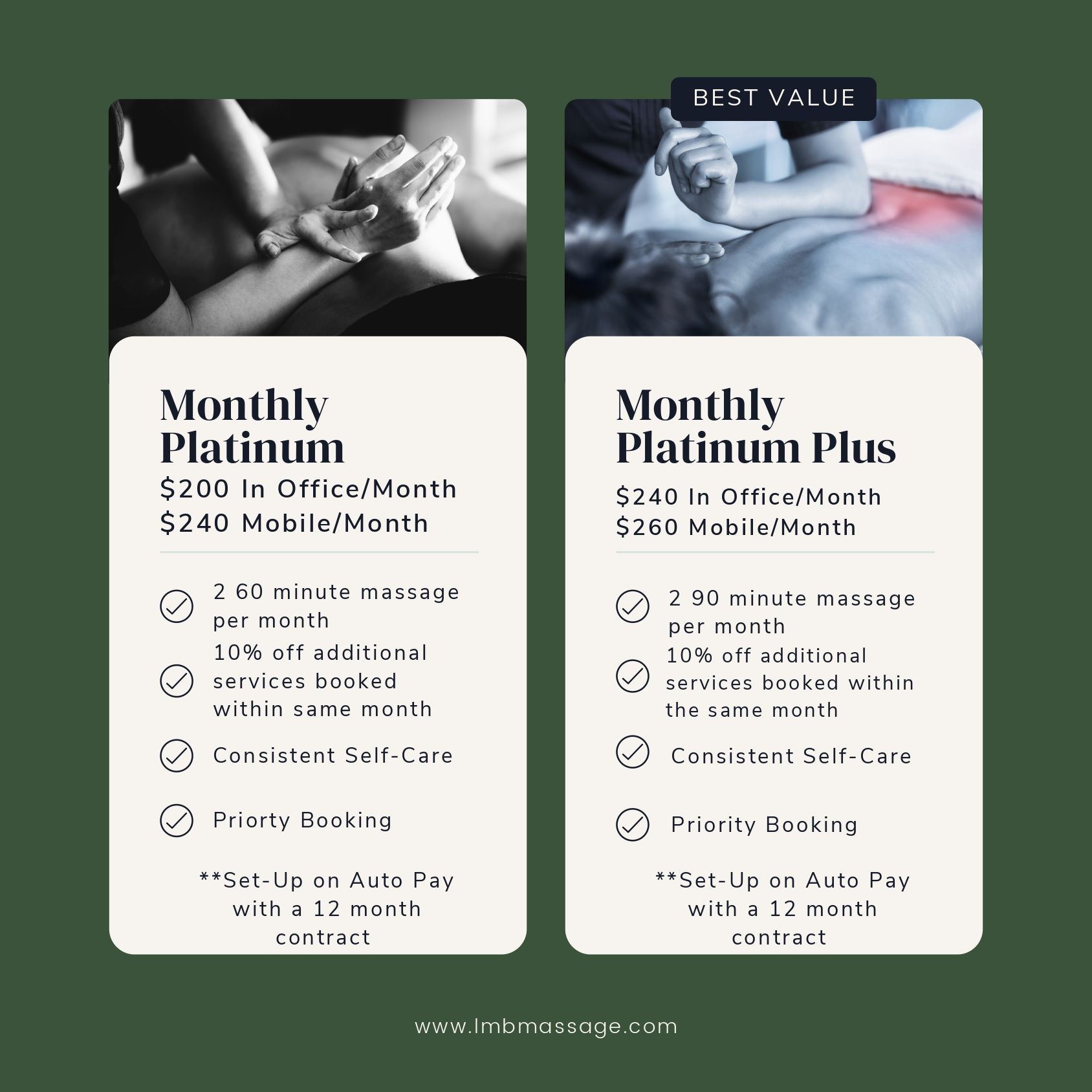 A monthly platinum and monthly platinum plus massage packages