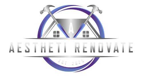 Logo for Aestheti Renovate, features a silver hammer, blue circle, and text on black background.