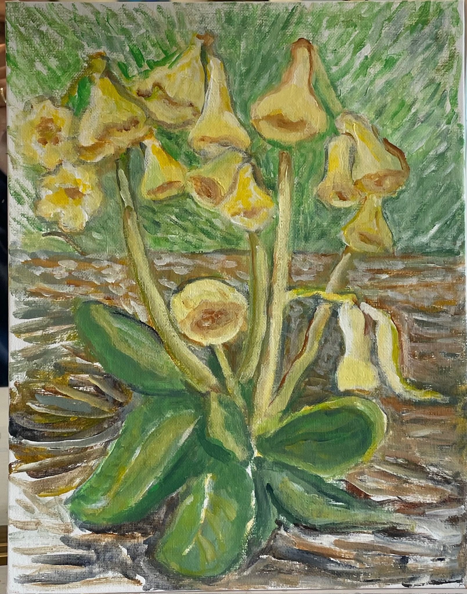 Yellow trumpet flowers with green leaves in a painted garden scene