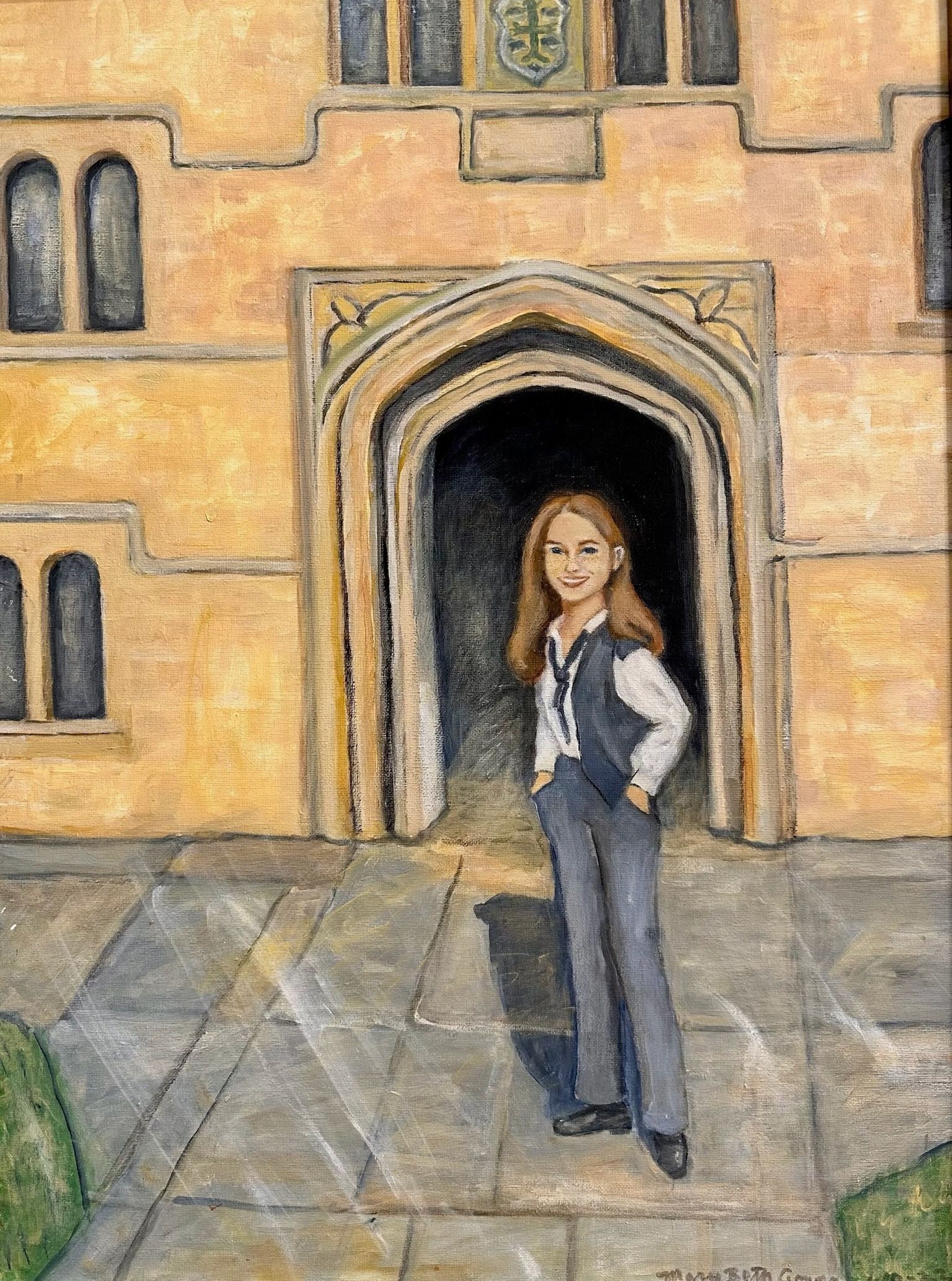 A woman stands outside an arched stone doorway on a sunlit building facade.