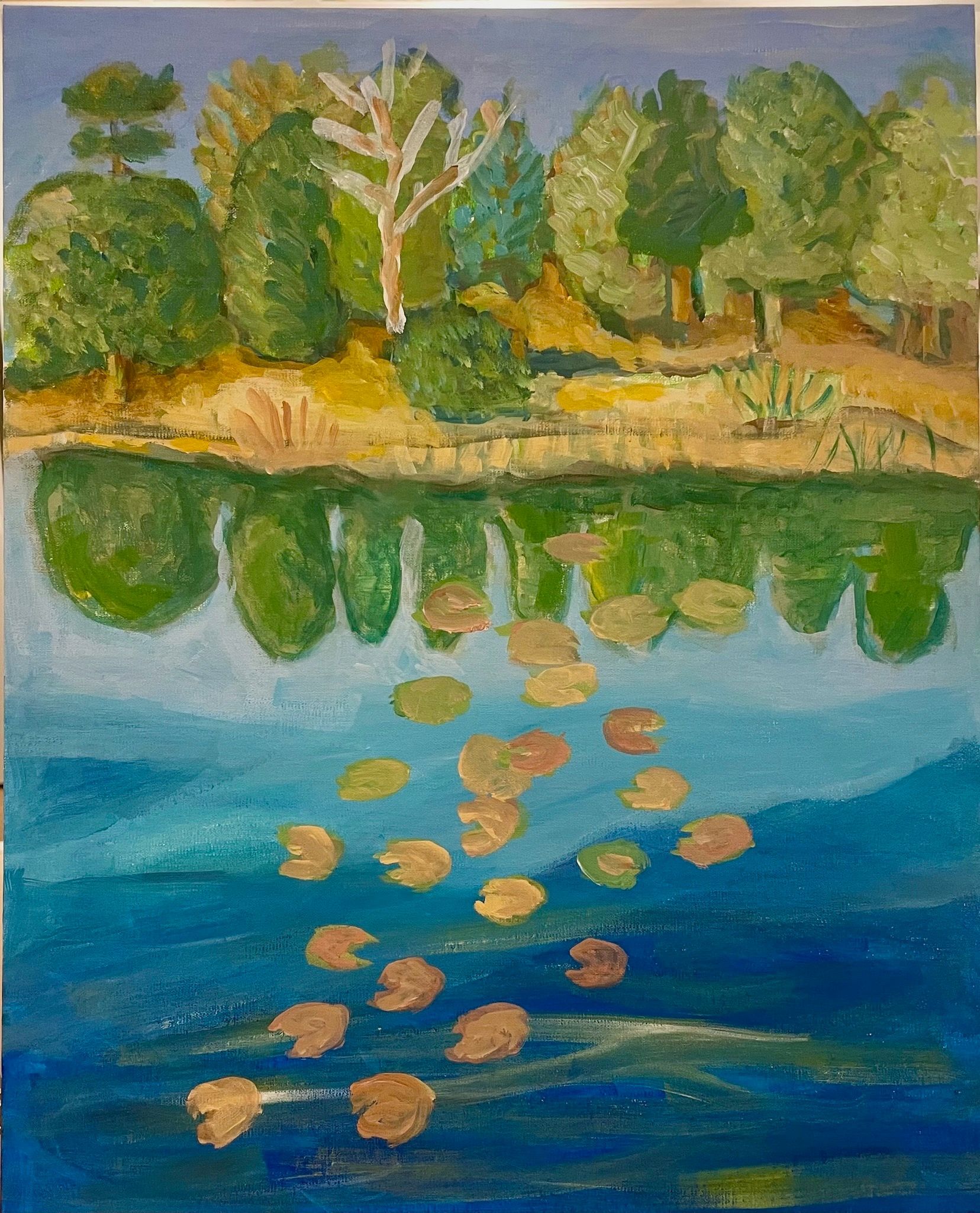 Painting of a calm pond with green trees reflected in blue water and floating lily pads.