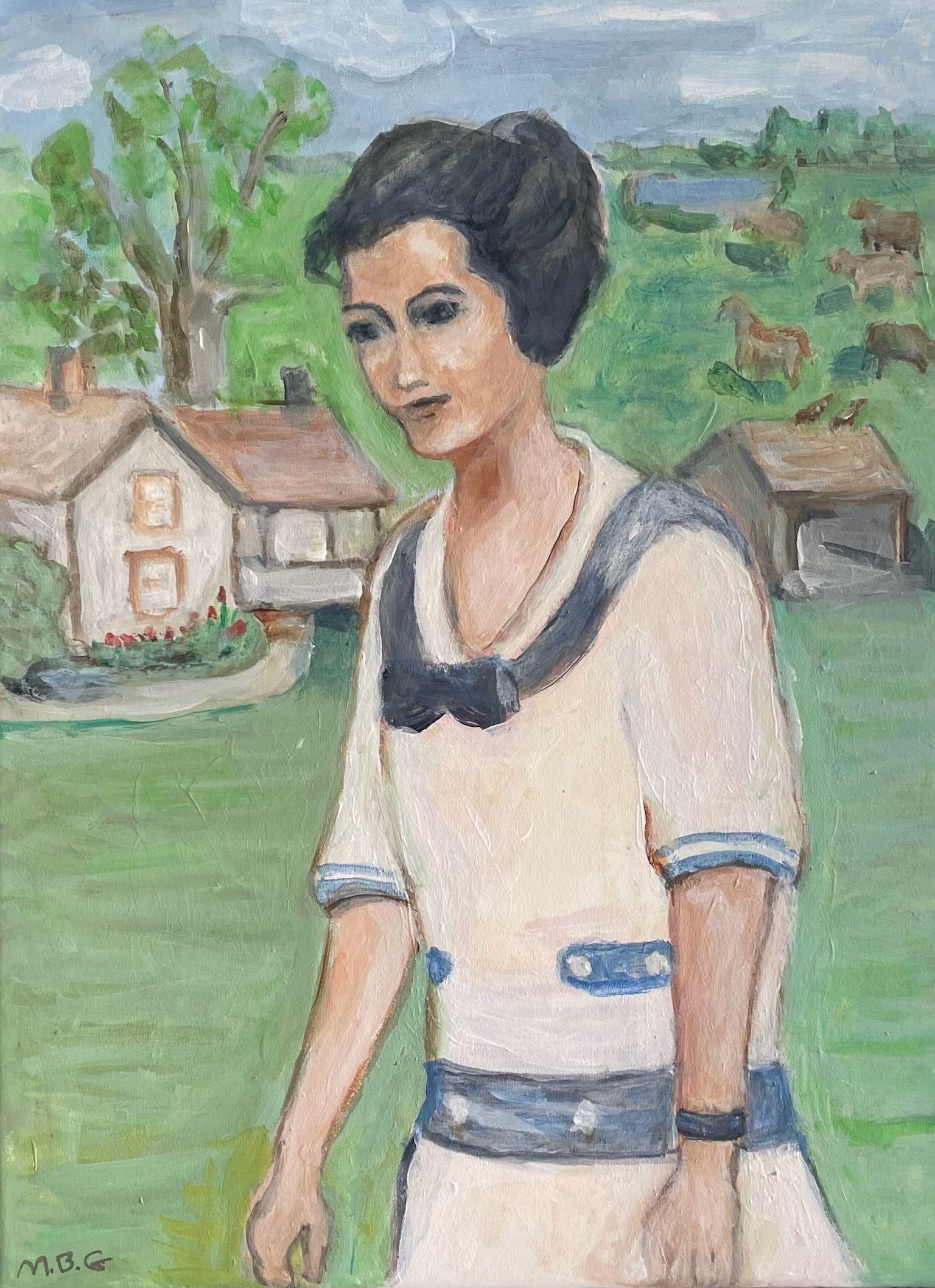 Woman in a white dress with blue trim standing in a green village landscape with houses and hills.