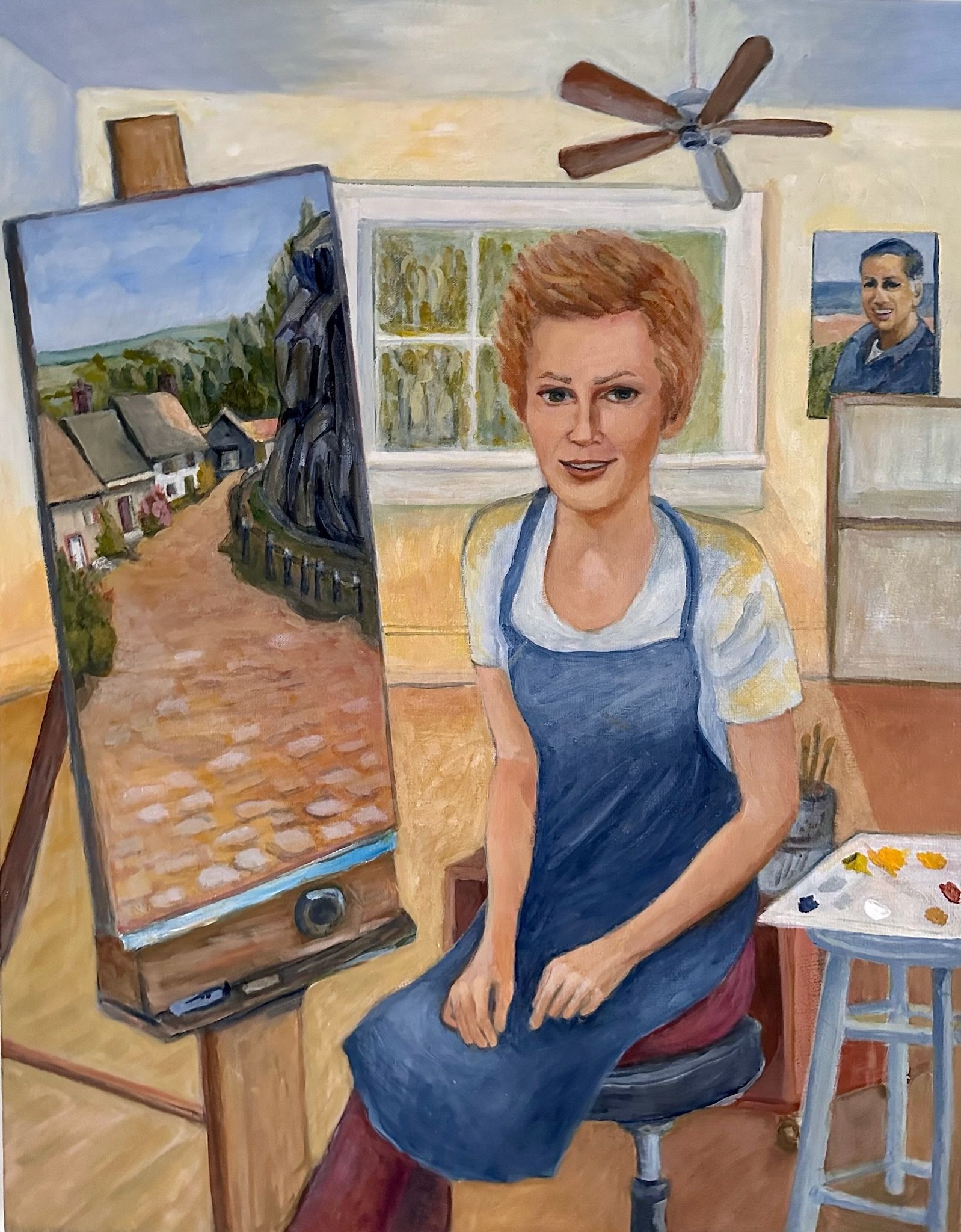 Painter seated in a studio, working on a landscape canvas beside a portrait and stool with supplies.