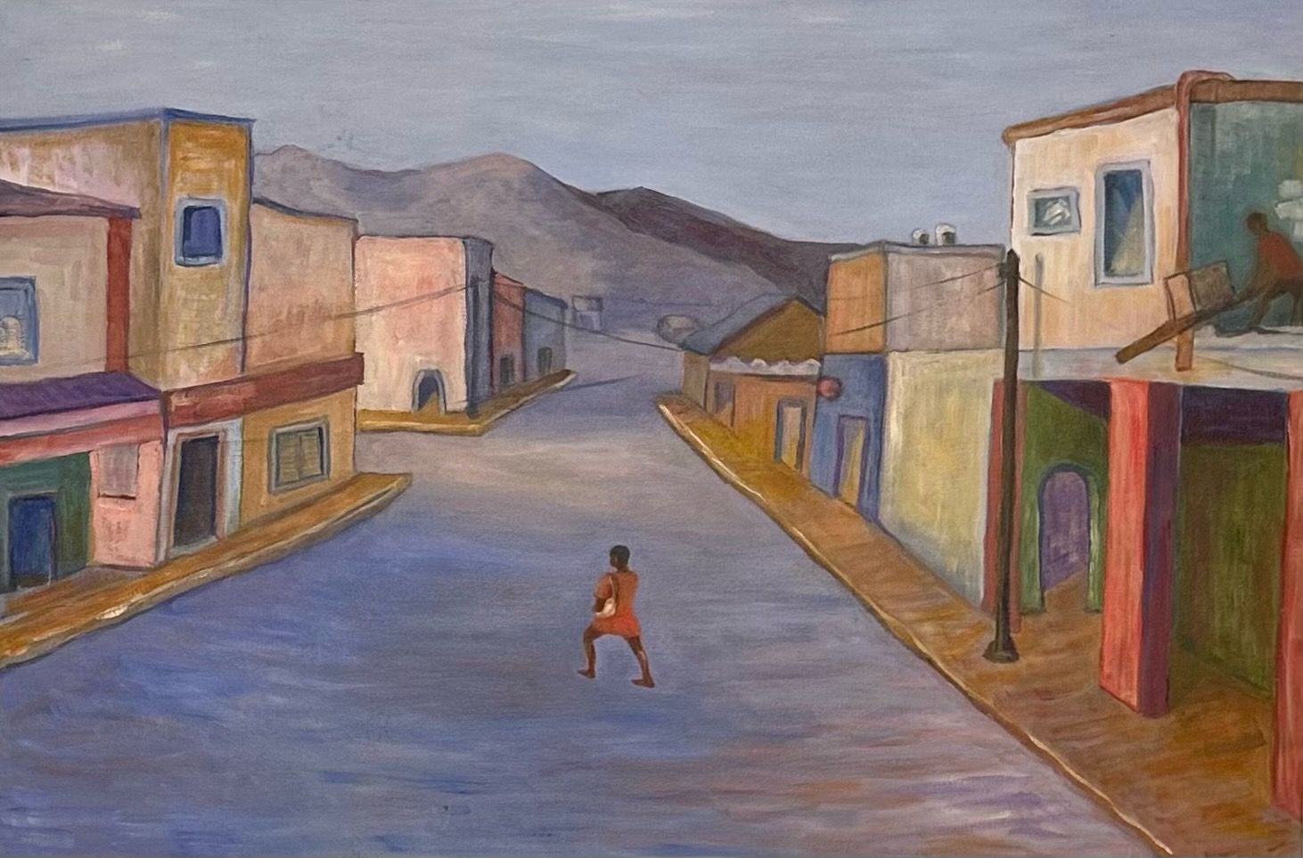 Empty street in a painted townscape with pastel buildings and a lone child standing in the center.