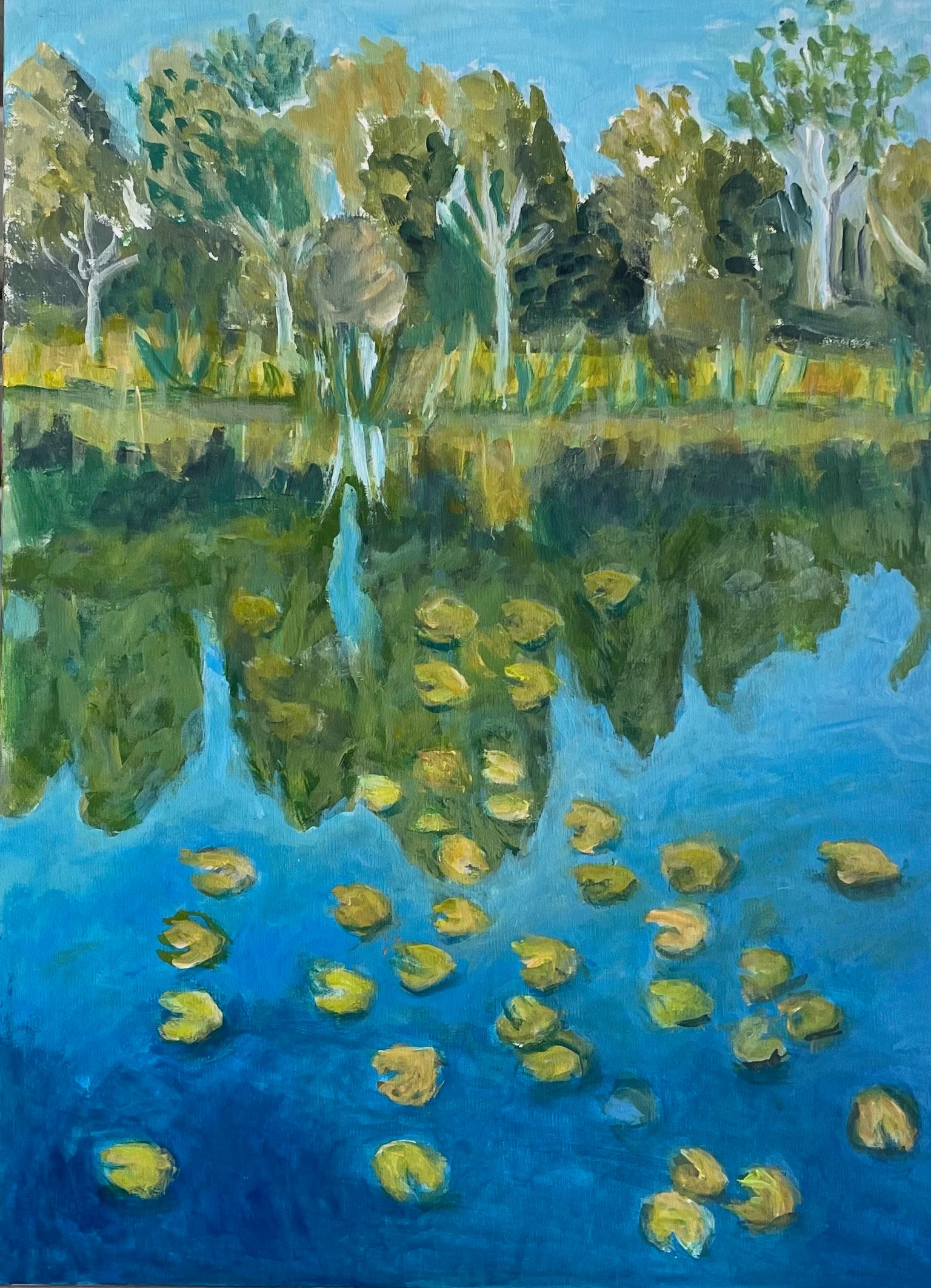 Blue pond with yellow lily pads reflecting green trees and sky along the shore