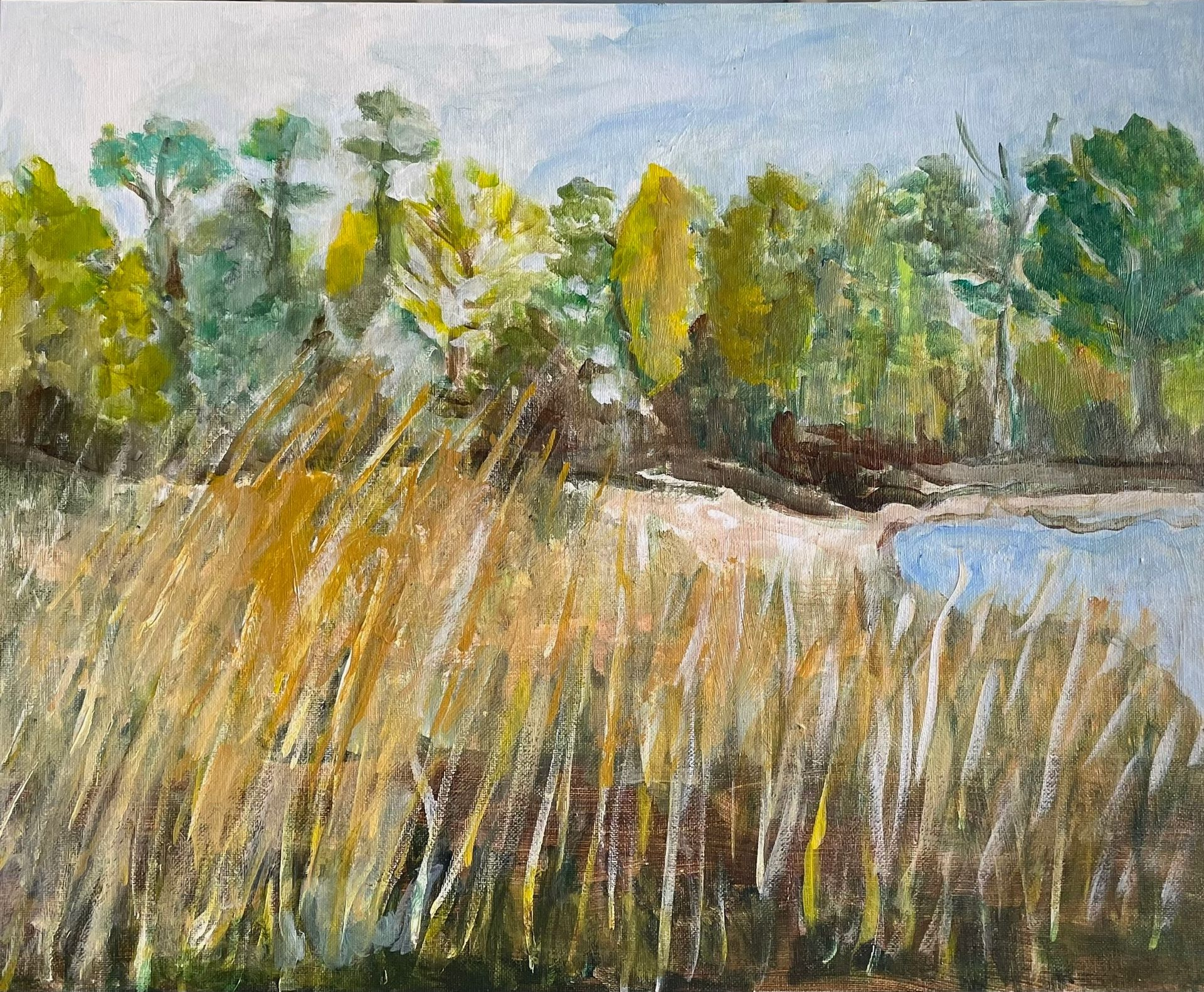 Painterly marshland with golden reeds, green trees, and a winding blue waterway under a pale sky