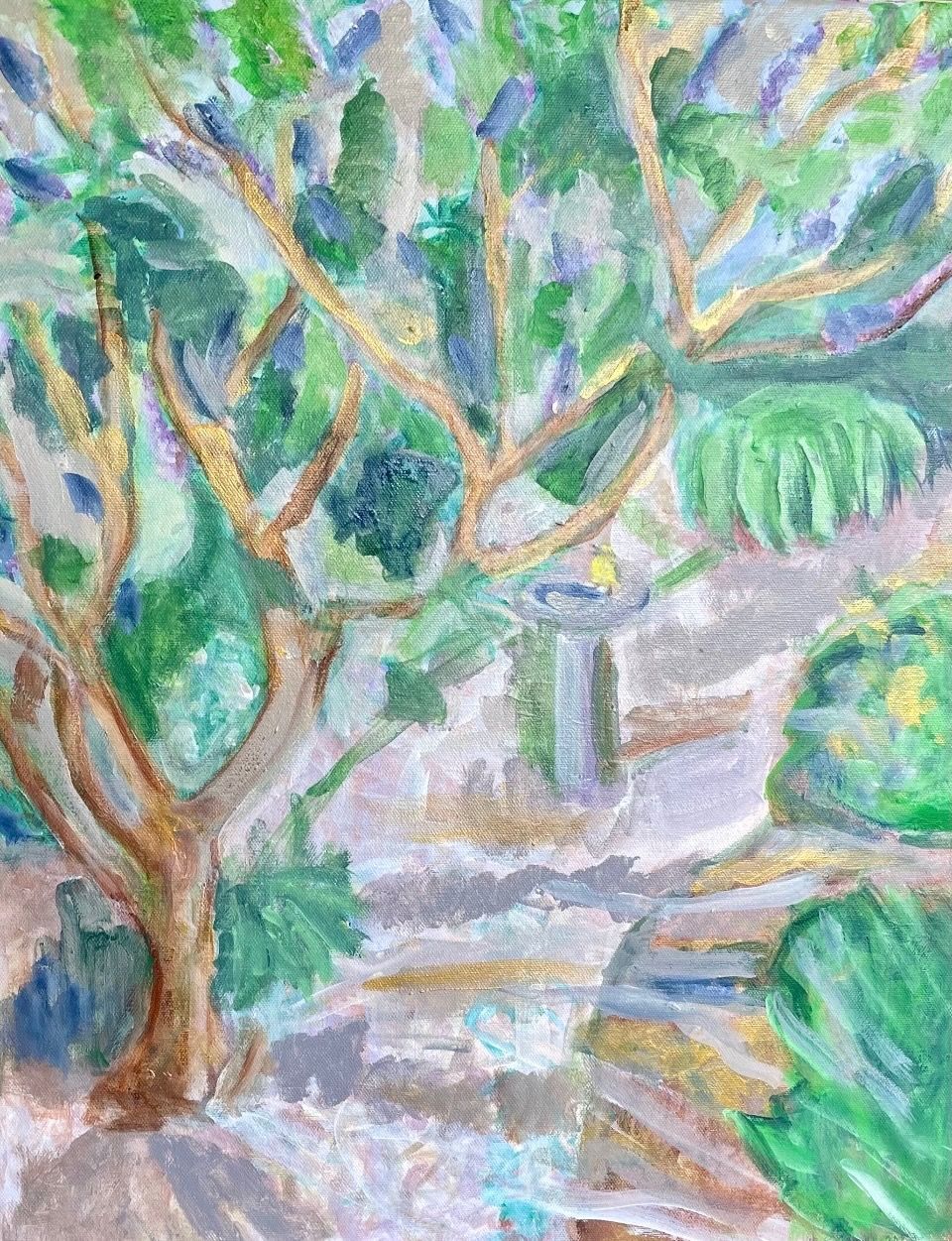 Lush green tree branches over a pale walkway or path, painted in soft pastel colors