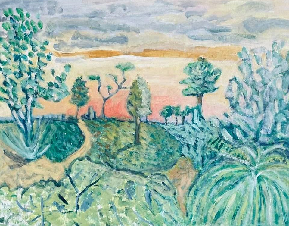 Watercolor landscape with green trees, a winding path, and a pink sunset sky over rolling hills